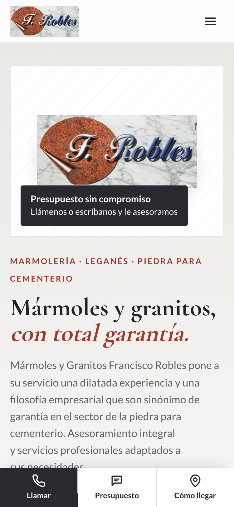 Captura de la web nueva de Mármoles y Granitos F. Robles en un móvil